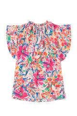 Multicolour Floral Print Tied V-Neck Ruffle Sleeve Blouse