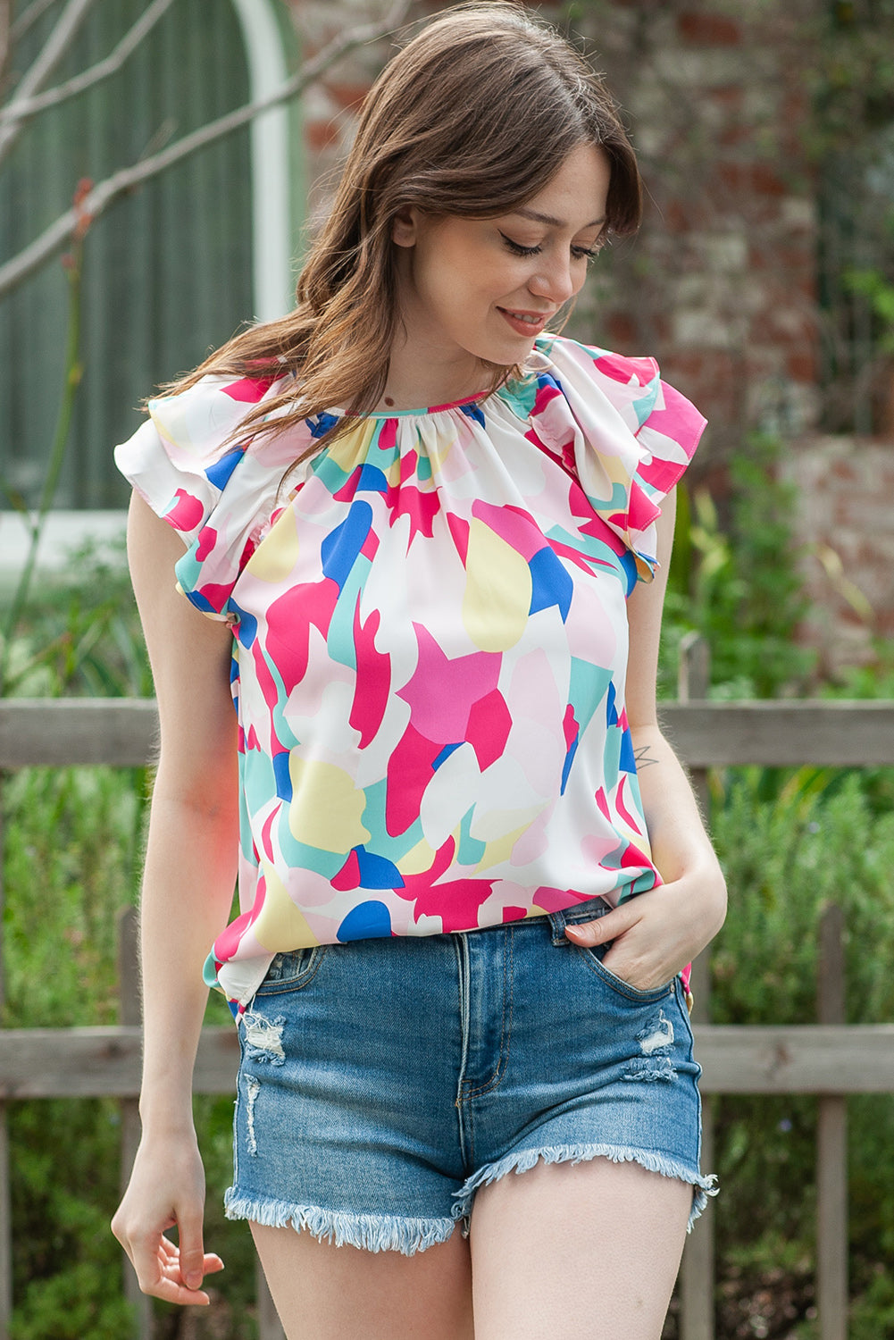 Multicolor Abstract Pattern Ruffle Sleeve Blouse