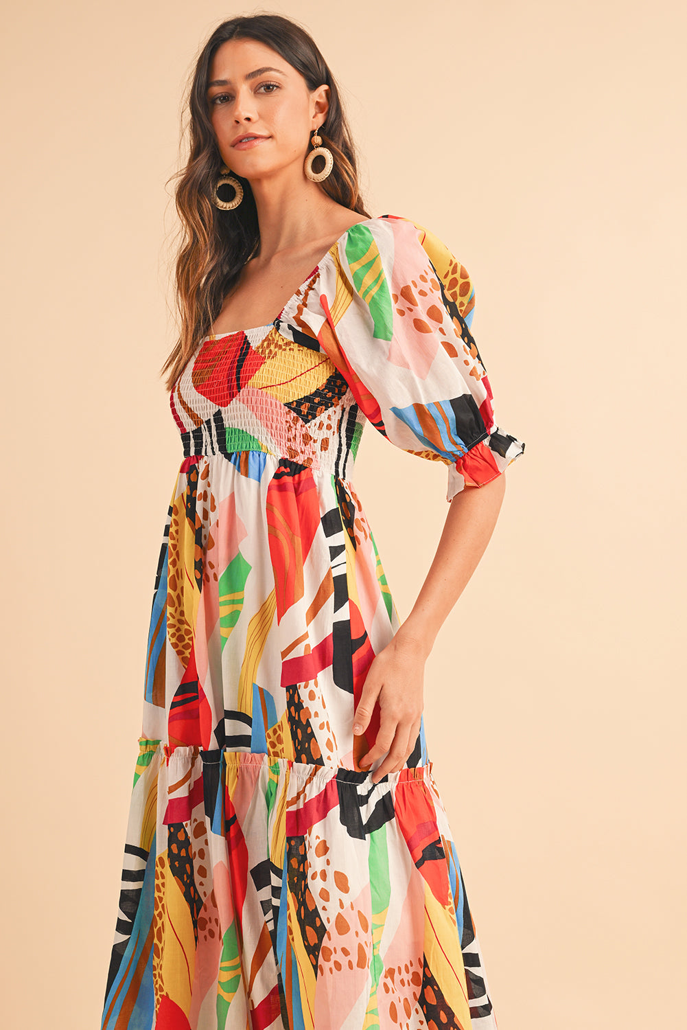 White Square Neck Smocked Abstract Print Boho Maxi Dress