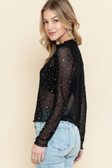 Black Rhinestone Mesh Mock Neck Top