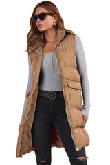 Coffee Quilted Pocketed Long Puffer Vest Coat