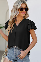 Black Solid Color V Neck Ruffle Short Sleeve Blouse