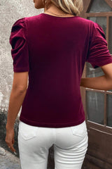 Burgundy Solid Color Elegant Short Puff Sleeve Velvet Top