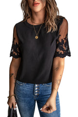 Black Sheer Flower Lace Short Sleeve Summer Top