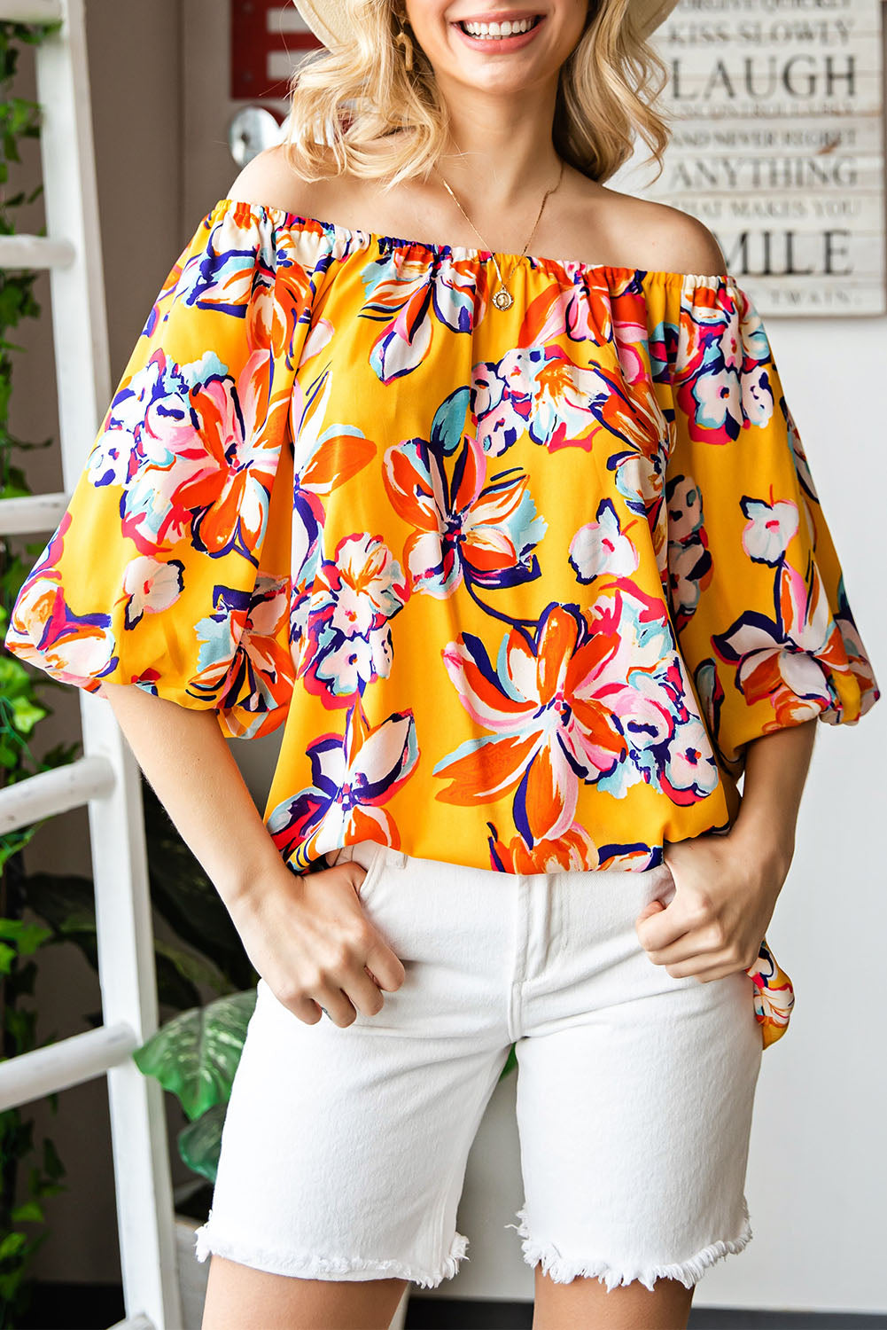 Yellow Floral Print Boho Half Sleeve Bishop Sleeve Blouse