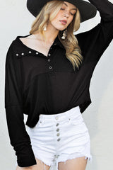 Black Ribbed Knit Drop Sleeve Collared Henley Sweater