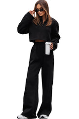 Black Zipped Collared Cropped Top and Wide Leg Pants Set