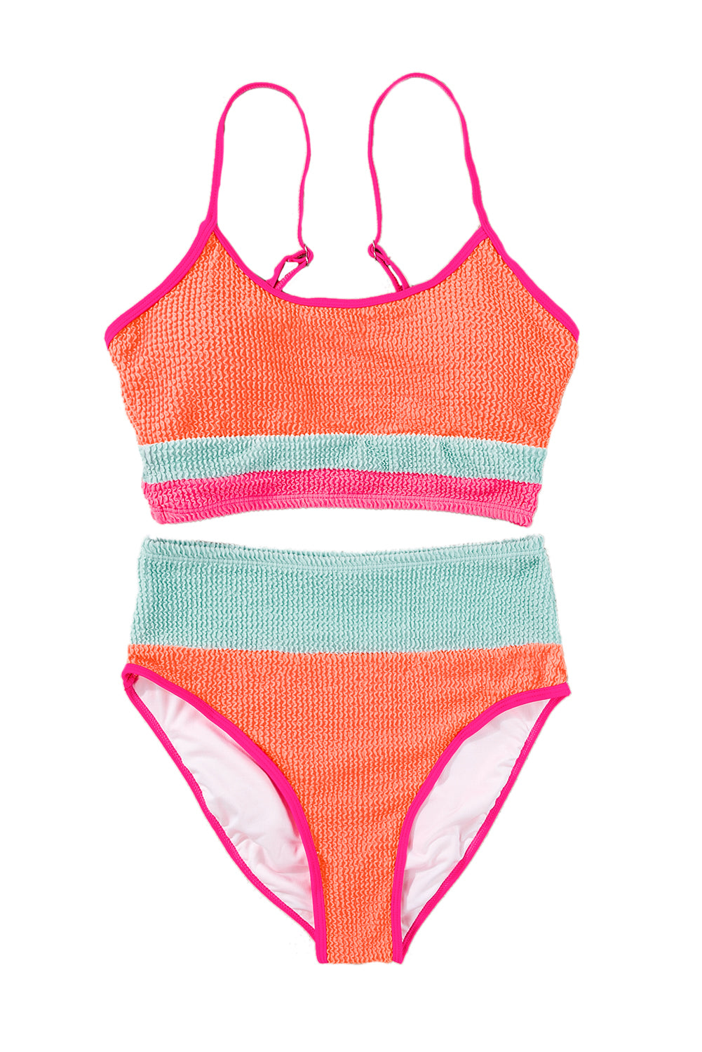 Orange Color Block Textured High Waist Sexy Bikini Set