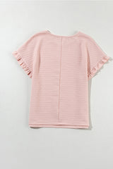 Light Pink Solid Textured Frill Cuffs Short Sleeve Blouse