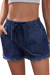 Dark Blue Casual  Frayed Pocketed Denim Shorts