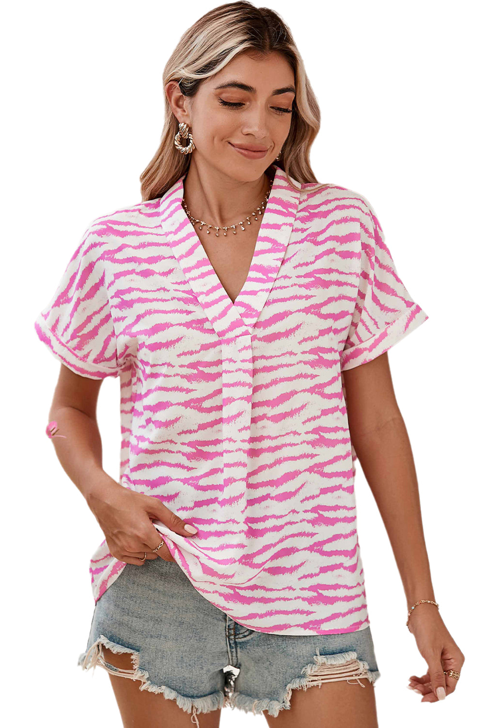 Rose Zebra Print V-Neck Roll Up Sleeve Blouse