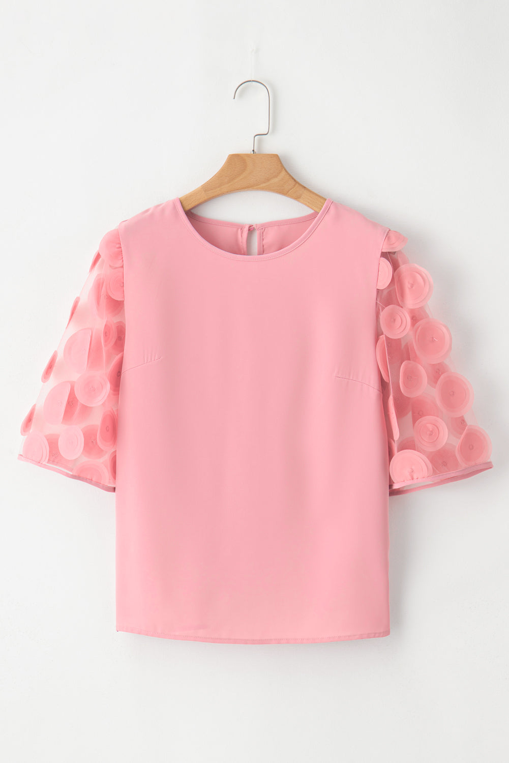 Dusty Pink Applique Mesh Splicing Sleeve Blouse