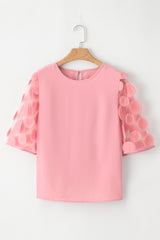 Dusty Pink Applique Mesh Splicing Sleeve Blouse