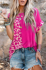 Rosy Leopard Print Top Color Block Rolled Up Sleeve Casual T Shirt