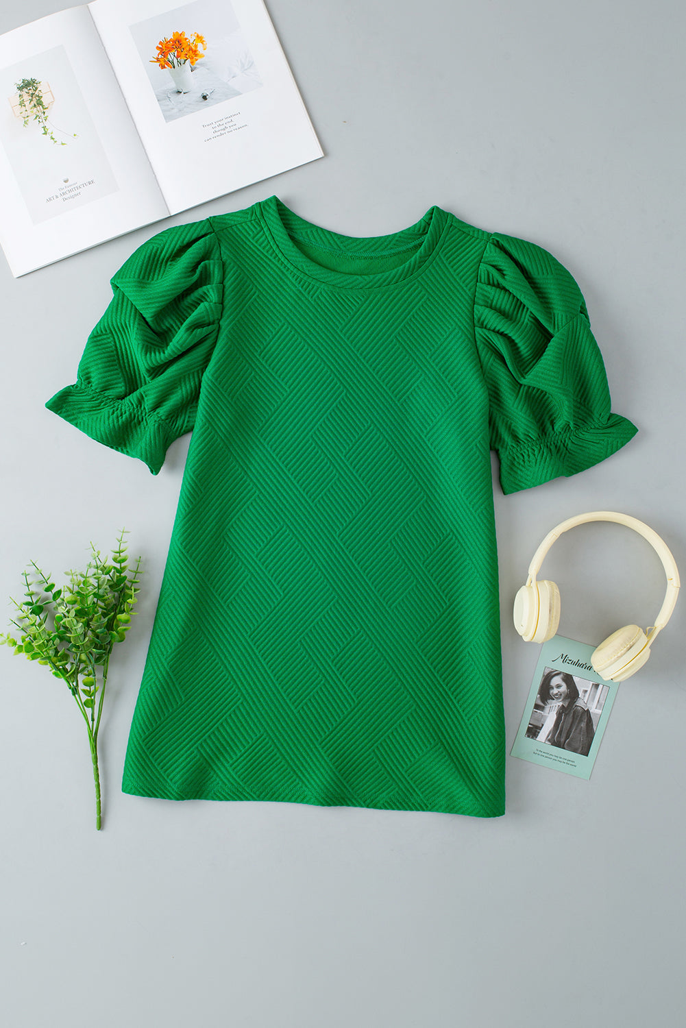 Dark Green Ruffle Puff Sleeve Textured Plain Top