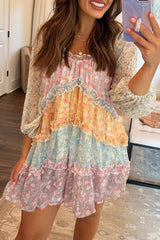 Sky Blue Floral Colorblock Tiered Puff Sleeve Dress