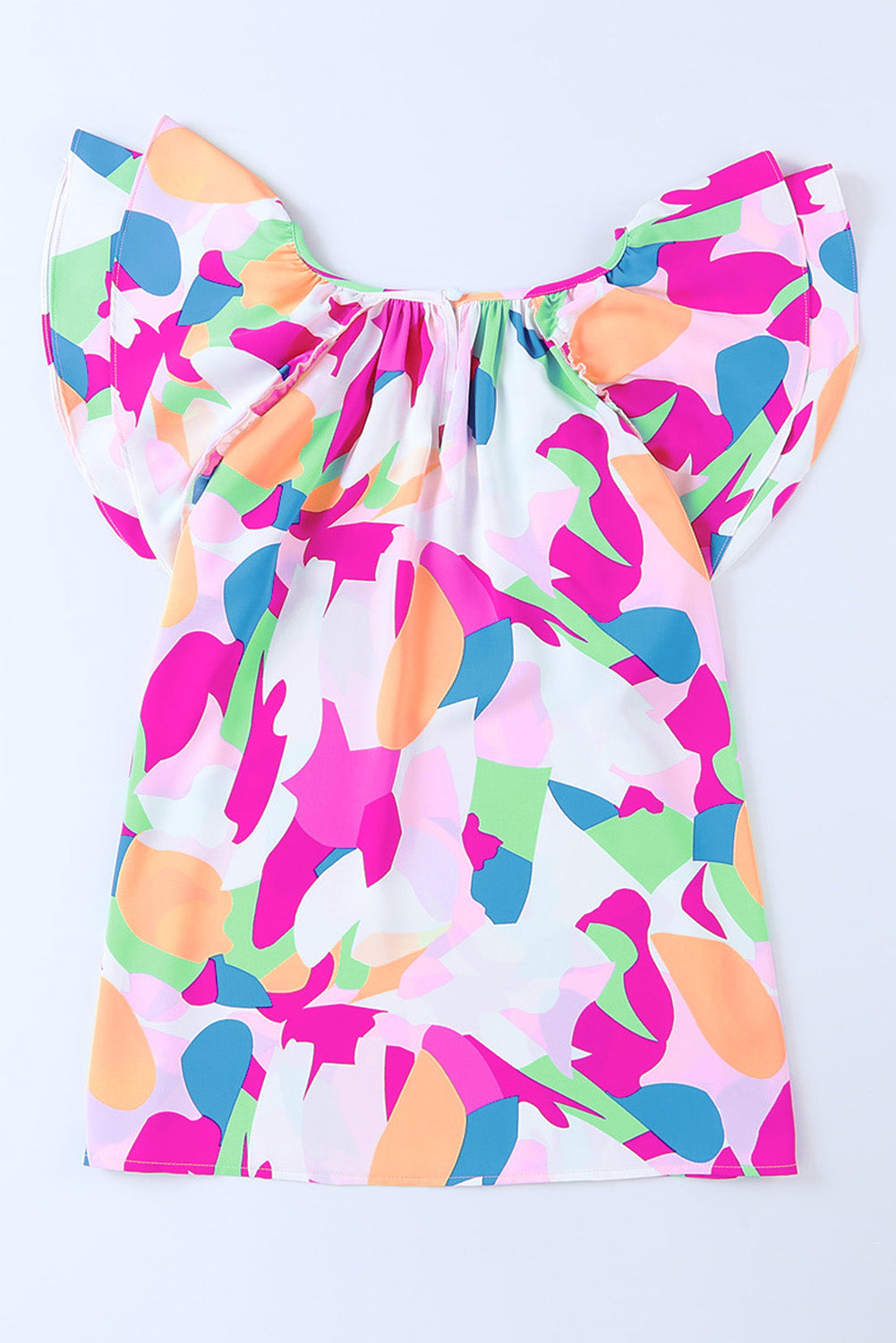 Multicolor Abstract Pattern Ruffle Sleeve Blouse