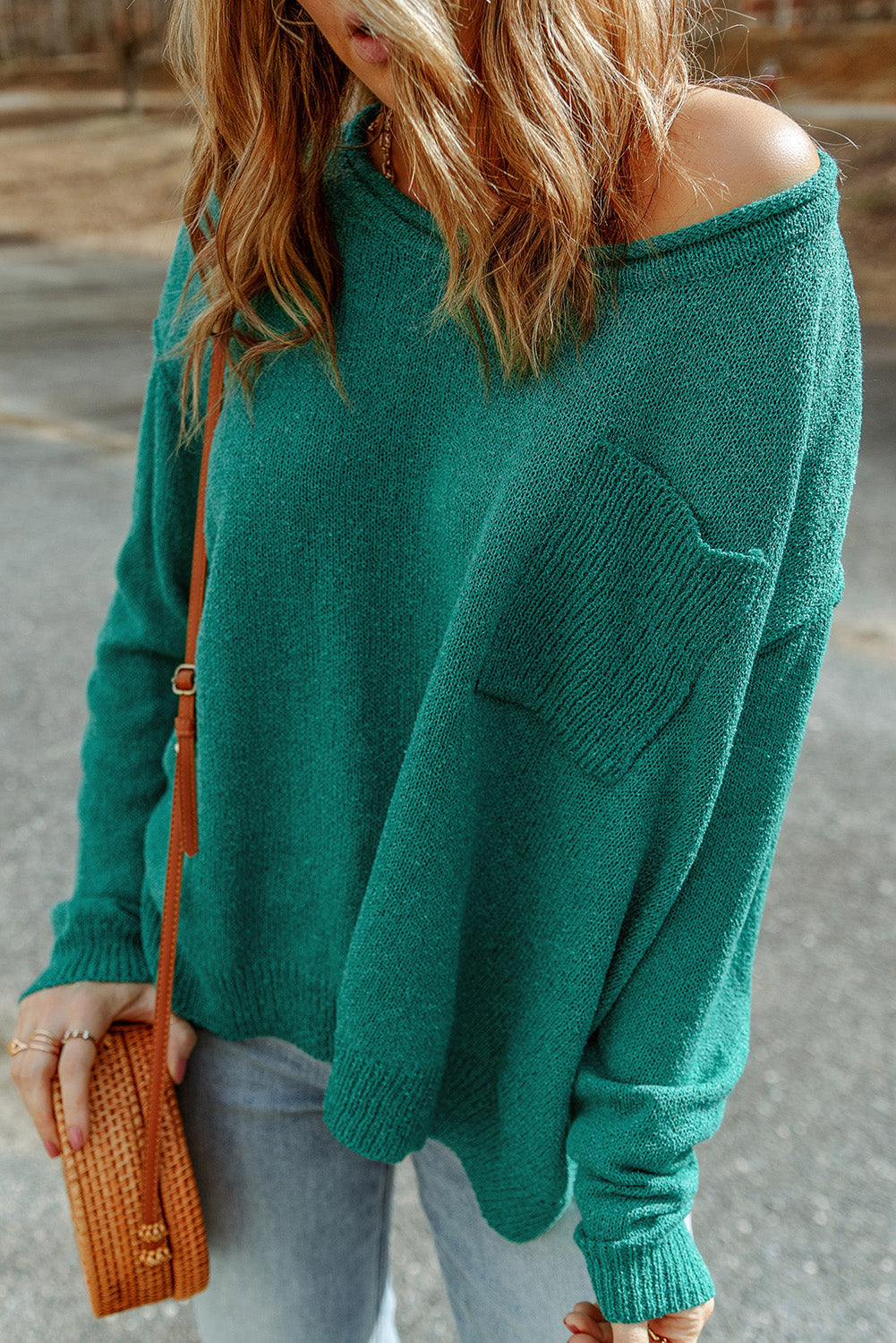 Green Solid Color Drop Shoulder Knitted Pullover Sweater