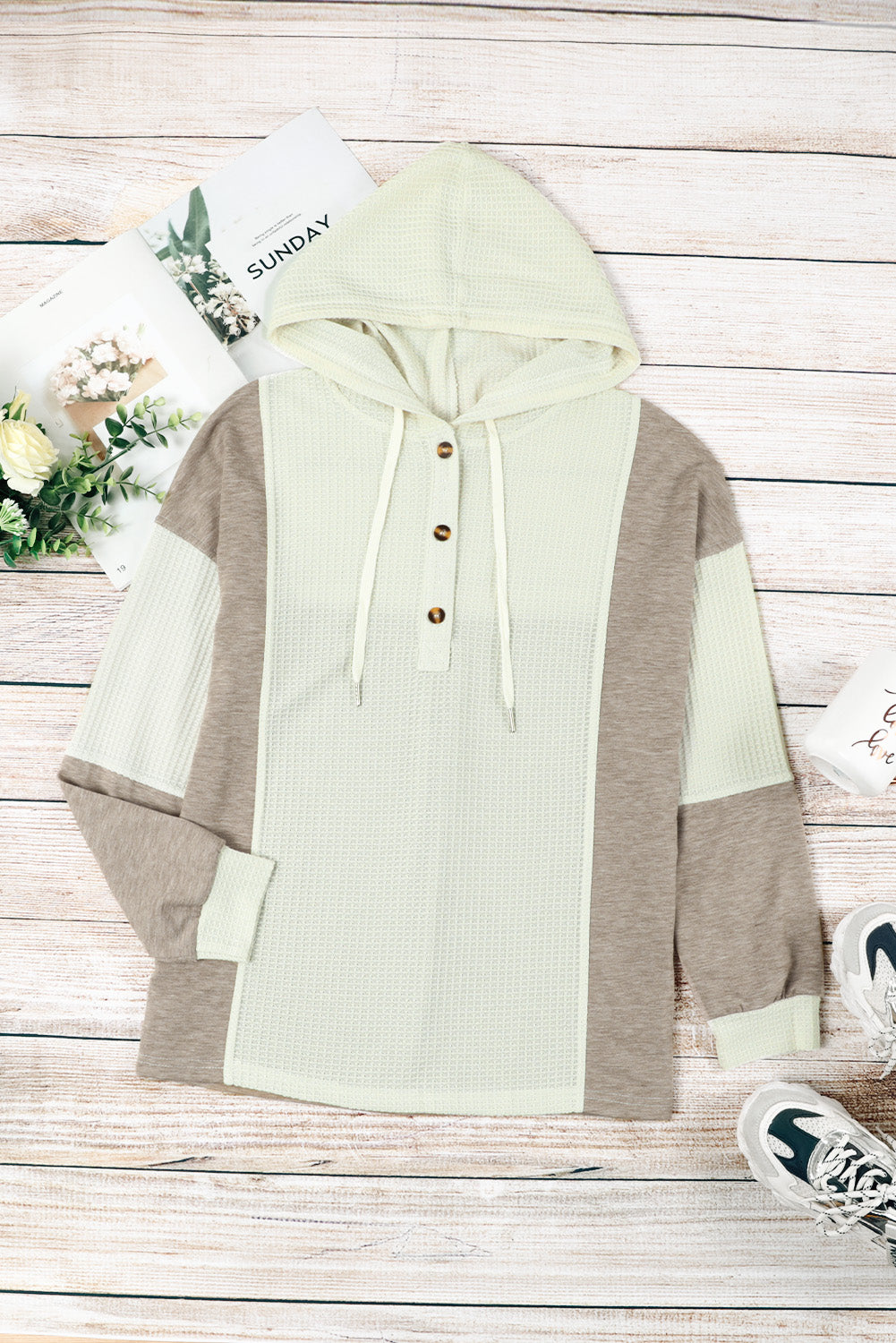 Apricot Button Front Color Block Waffle Knit Pullover Hoodie