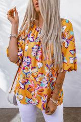 Yellow Floral Print Boho Half Sleeve Bishop Sleeve Blouse