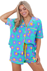 Green Flower Print Buttoned Shirt and Drawstring Waist Pajama Set