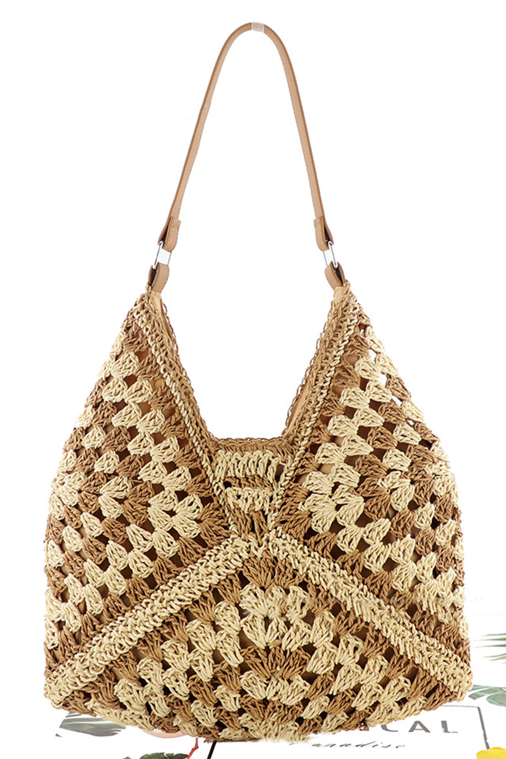 Khaki Hollowed Bohemian Straw Woven Shoulder Bag