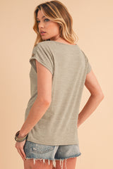 Smoke Gray Solid Color Button Decor Batwing Sleeve Tee