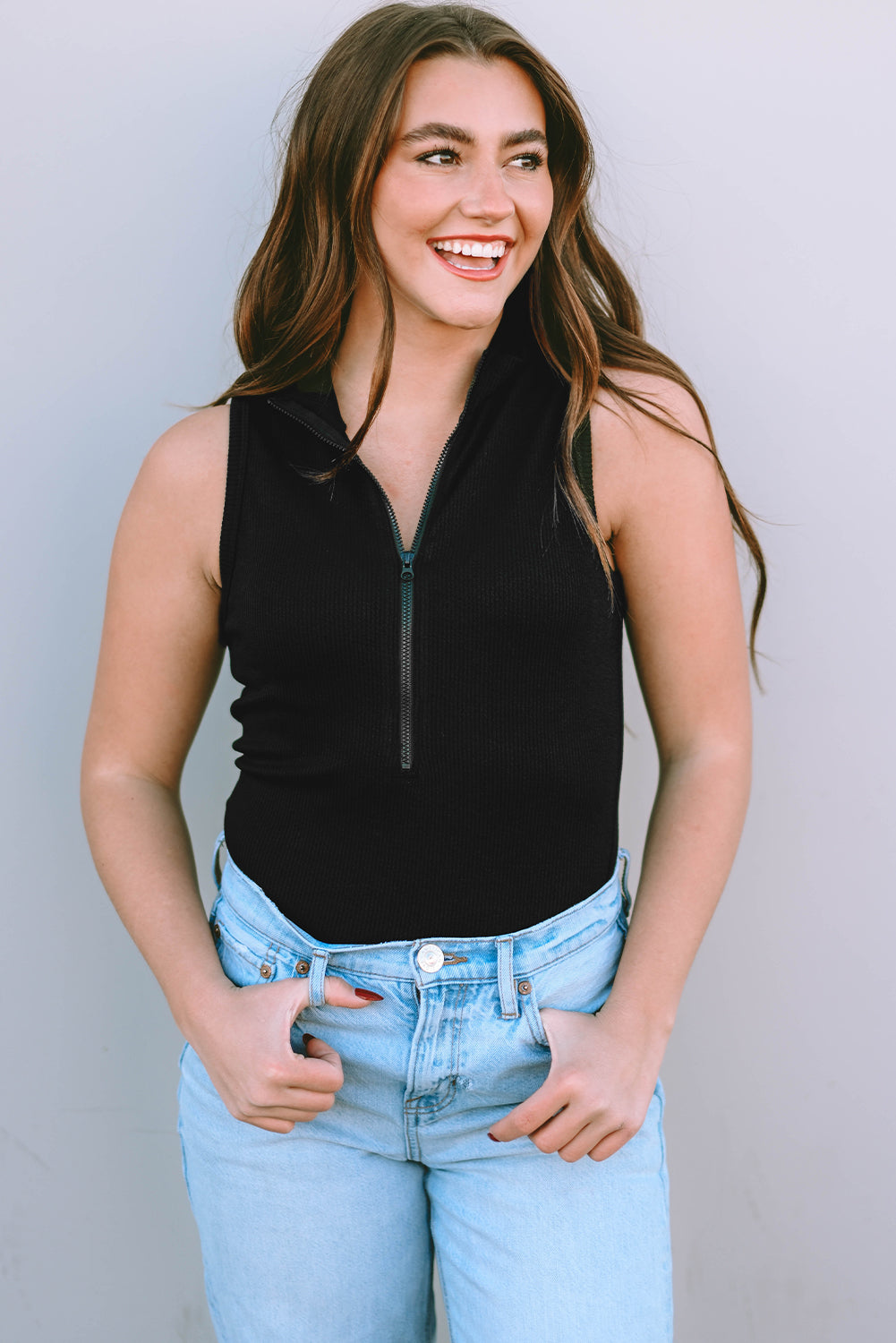 Black Zip Up Mock Neck Ribbed Sleeveless Bodysuit