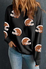 Black Sequin Baseball Helmet Graphic Round Neck Sweatshirt