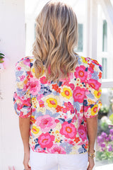 Red Ruched Puff Sleeve Floral Blouse