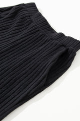 Black Slouchy Ribbed Knit V Neck Top & Pants Loungewear Set