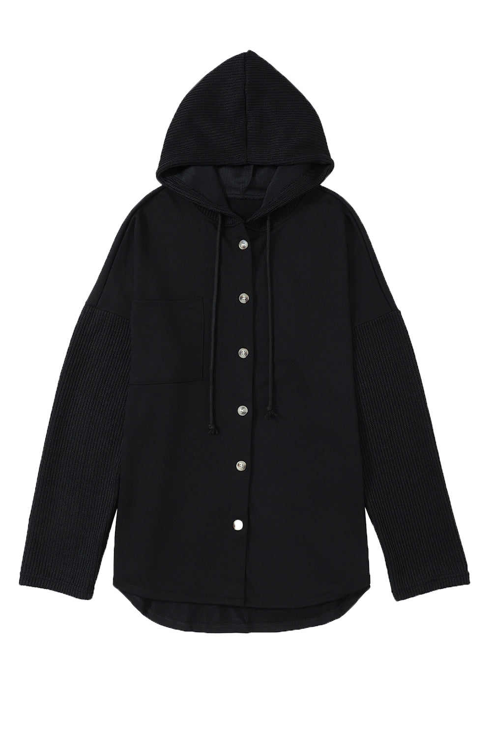 Black Button Up Knitted Sleeve Hoodie