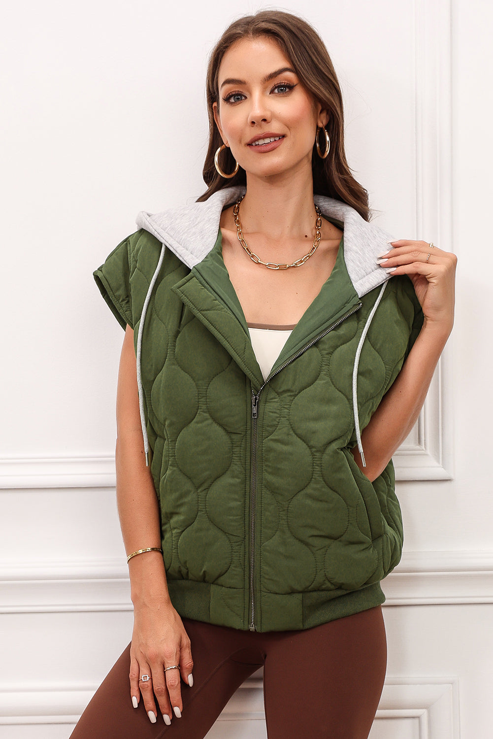 Jungle Green Quilted Drawstring Hooded Zip Up Puffer Vest