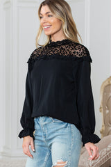 Black Leopard Sheer Splicing Lace Neck Ruffle Blouse