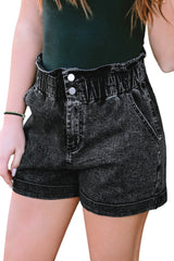 Black Vintage Washed Frilled High Waist Denim Shorts