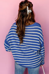 Sky Blue Casual Stripe Round Neck Drop Shoulder Sweater