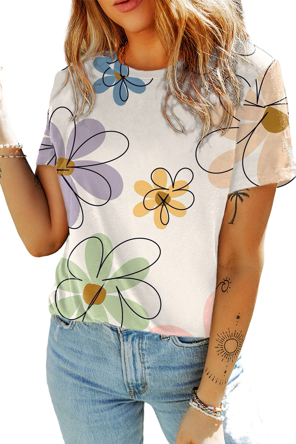 Beige Summer Flower Print Round Neck T Shirt