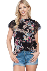 Black Dainty Floral Print Lace Sleeve Stand Neck Blouse