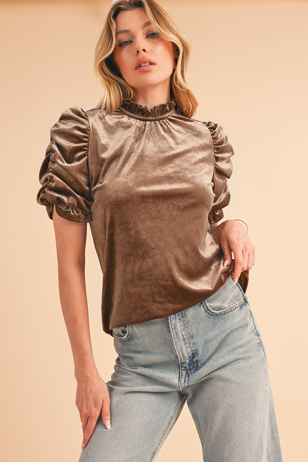 Camel Ruched Puff Sleeve Frilled Neck Velvet Blouse