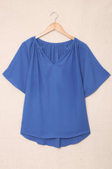 Blue Casual Split Neck Pleated Loose Short Sleeve Blouse