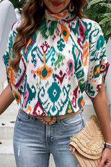 Multicolor Abstract Print Knot Back Half Sleeve Blouse