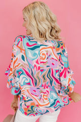 Light Blue Abstract Print Ruffle V Neck Babydoll Blouse