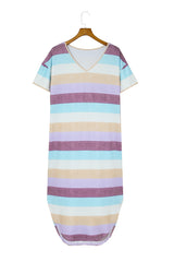 Multicolor Stripes Print Casual T Shirt Summer Dress