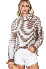 Brown Striped Turtleneck Oversized Sweater