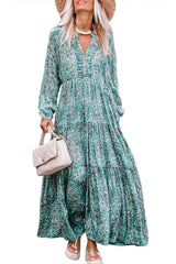 Sky Blue Bohemian Paisley Print Long Sleeve Tiered Maxi Dress