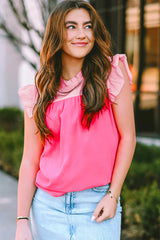 Rose Red Two Tone Pleated Ruffle Trim Blouse