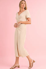 Beige V Neck Ruched Button Front Midi T Shirt Dress