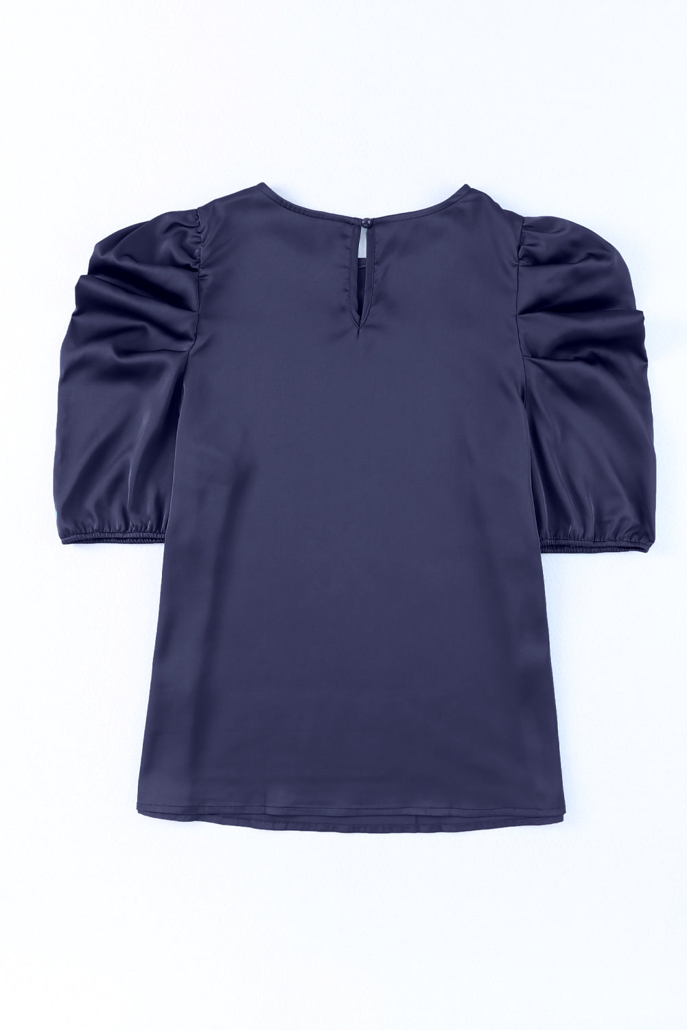 Dark Blue Elegant Ruched Puff Sleeve Silk Blouse