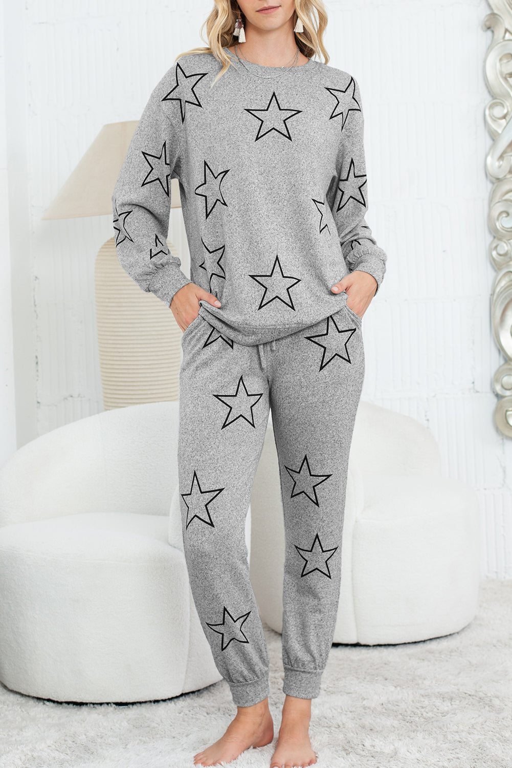 Gray Stars Print Long Sleeve Top and Drawstring Pants Set