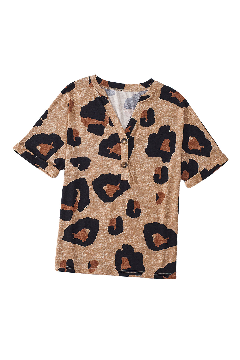 Light Beige Leopard Print Button V Neck T Shirt